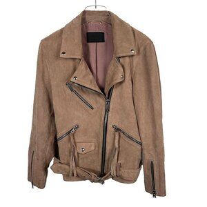 AllSaints Balfern Jacket XS Womens Pink Suede Biker Leather Belted Zippers Lined